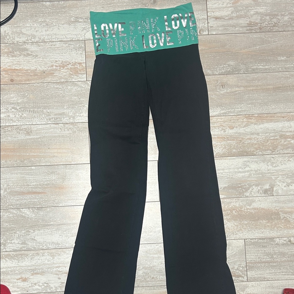Victoria's Secret PINK Black Yoga Pants with Green Waistband. Size XS shirt